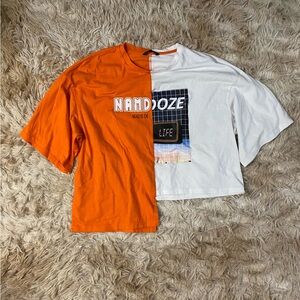 SHEIN ASYMMETRICAL ORANGE AND WHITE NAMDOZE CROP TOP